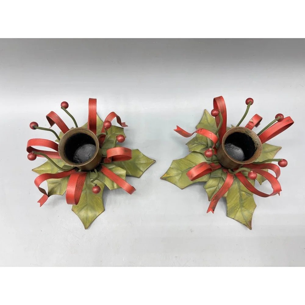 Vintage Metal Holly‎ Berry Christmas Candle Holders Set of 2 Red Green Holiday